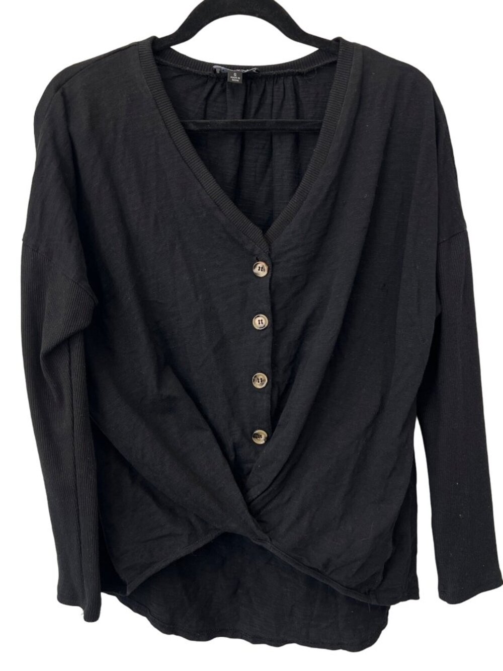 Gigio Twist Front Size Small Buton Popover Top Crinkle Cotton Gauze Black V Neck